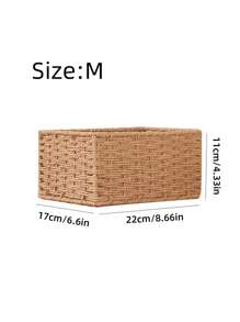 3pcs Natural Rattan-Woven Baskets Set In Beige & Camel Tan, Country Style, Paper Rope & Iron Frame Handwoven, Suitable For Desktop Organization