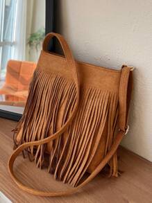 [轻质波西米亚斜挎包] 休闲流苏斜挎包，轻质波西米亚风格钱包，配有可调节肩带，纯色化纤材质，涤纶衬里，带扣闭合 - 适合任何场合的经典流苏单肩包 - 棕色 - 查看 7