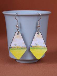 1 Pair Vintage Style Double-Sided Painting Wooden Geometric Earrings, Suitable For Everyday Wear And Vacation