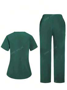 Ensemble uniforme femme top à poche à manches courtes et col en V de couleur unie et pantalon