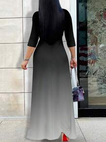 Vestido de manga larga y cuello en V profundo para mujer talla grande, de tela de punto elegante con estampado posicionado, atuendo de verano para vacaciones de mujer