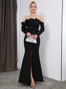 LOVE Aing 女士手工3D立体花卉时尚奢华露肩长袖开衩性感绷带鸡尾酒礼服，优雅时尚的白色正式礼服，适合婚礼宾客、生日、毕业典礼、舞会、新年、约会、单身派对、聚会、舞会、正式场合。 - 黑色 - 查看 3