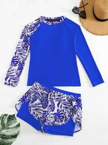 Summer Beach Patchwork Tropical Print Long Sleeve Tankini Swimwear Set - Blue - View 1