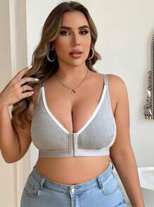 Plus Size Solid Color Front Button Closure Simple Casual Wireless Lingerie Bralette - Grey - View 3