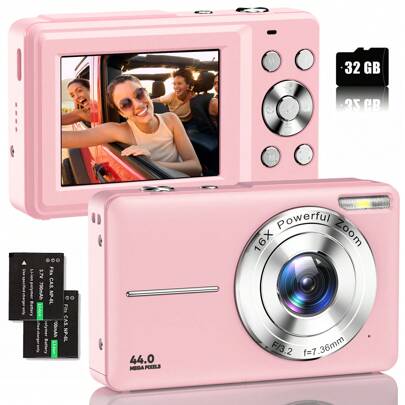 Nicamery 2025 New 44MP 1080P Digital Camera, 16x Zoom, 32GB SD Card, 2 Batteries, Compact Travel Camera Suitable For Photography, Digital Point-And-Shoot And Filming, Great Gift For Teens & Seniors