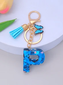 1pc Women's Initial Letter Black Butterfly Glitter Crystal Resin Epoxy Keychain With Butterfly Tassel Decor