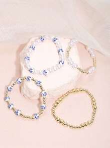 4pcs/Set Fashionable And Elegant Blue And White Porcelain Faux Pearl Beaded Golden Beaded Bracelets For Women Stackable 14K Gold Plated Stretch Bead Ball Bracelet Jewelry Set Chinese Style Bracelet Gifts For Woman Teen Girls Valentines Day Summer Jewelry,Mom,Mother,Mother's Day,Gift - Nhiều màu - Xem 2