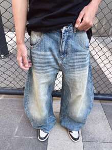 Blugi bărbătești vintage, spălați, albaștri, cu croială dreaptă, pantaloni streetwear casual, stil versatil