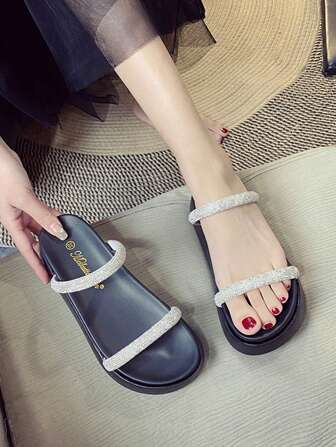 Sandalias de punta abierta minimalistas con diamantes para mujer, de plataforma gruesa, con suela blanda y antideslizante, versátiles y de moda, para verano, playa y viajes, Nuevo lanzamiento 2025