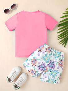 Set de 2 piezas de camiseta de manga corta y shorts de verano con estampado 3D de tortugas para niñas, informal y lindo - Rosa - Ver 2