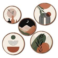 Conjunto de 5 piezas de decoración de pared con arte de plantas de atardecer. Decoración de pared de madera para sala de estar, cartel colgante estilo bohemio, granero, decoración geométrica minimalista para dormitorio