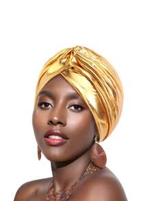 1pc Women's African Retro Style Metallic Glittery Crinkle Headscarf Hat, Hat Suitable For Daily Wear - Gold - View 2