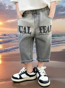 Boys' Casual Printed Denim Capri Shorts, Summer - Grey - View 6
