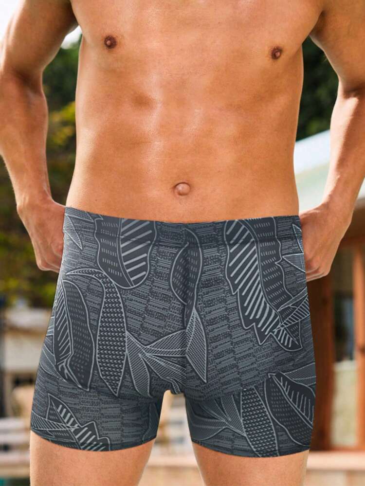 男士休闲植物印花泳裤 - 黑色 - 查看 2