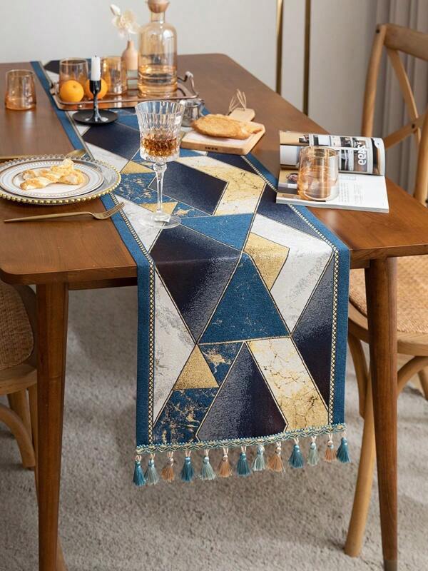 Camino de mesa geométrico de estilo nórdico y moderno con diseño de diamantes en patchwork y flecos, color azul, versátil para la cocina, sala de estar, mesa de café, soporte de TV, fiesta, cumpleaños, para todas las estaciones