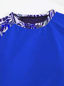 Summer Beach Patchwork Tropical Print Long Sleeve Tankini Swimwear Set - Blue - View 4