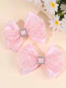 2 件装粉色和白色缎带蝴蝶结发夹，适合女孩 - 花卉刺绣薄纱蝴蝶结和方形水钻发夹，闪亮儿童发饰，优雅发夹，适合学校和派对 - 彩色 - 查看 5