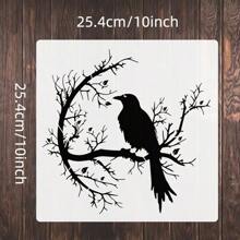 1pc Large-Sized Raven Silhouette On Branch Painting Stencil, Reusable DIY Art Template For Wall, Fabric, Home Decor, Plastic Template, Crafts & Sewing Supplies, PET Material