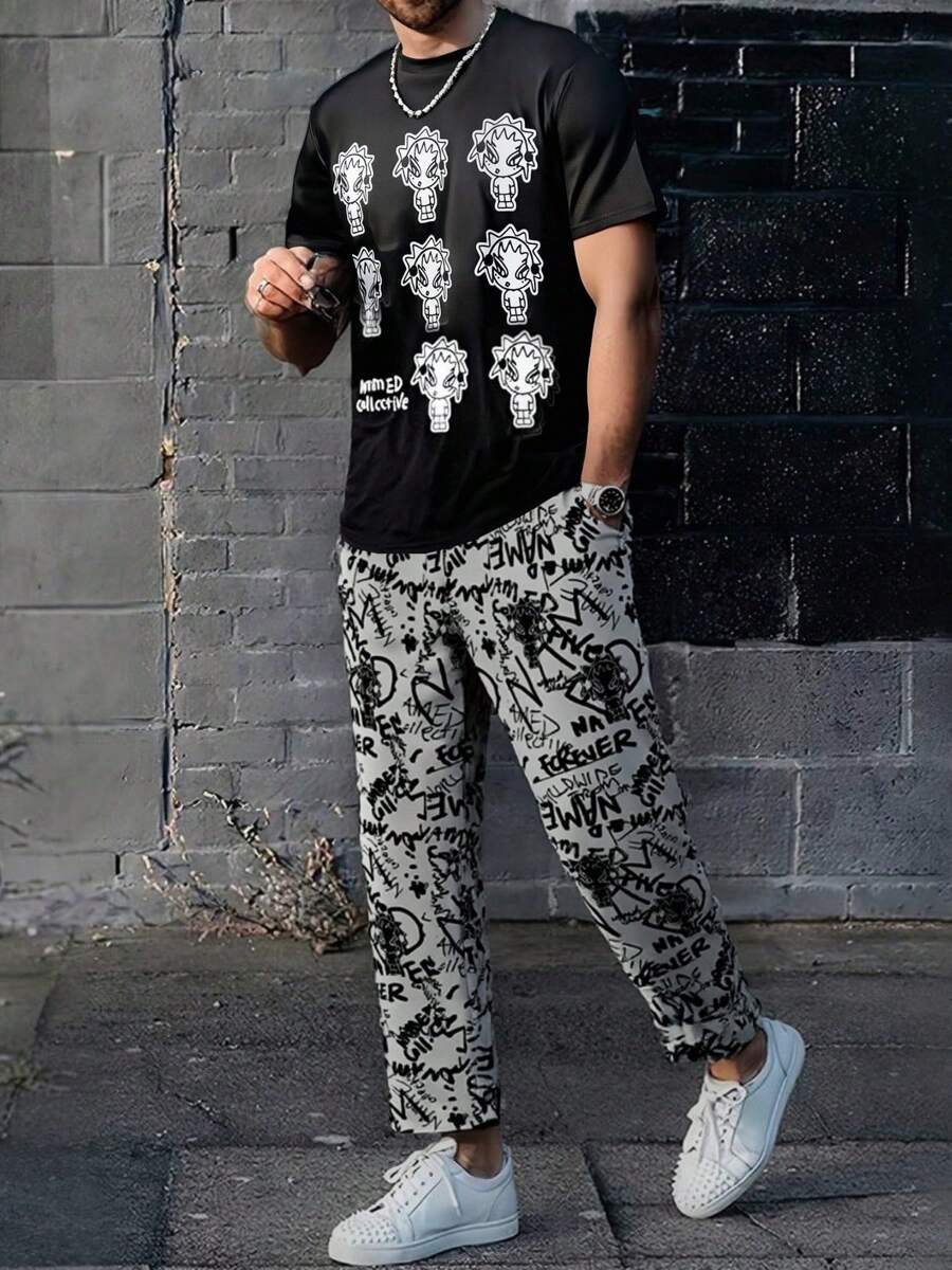 男士休闲户外套装、街头时尚数码印花裤和短袖 T 恤 - 黑色 - 查看 1