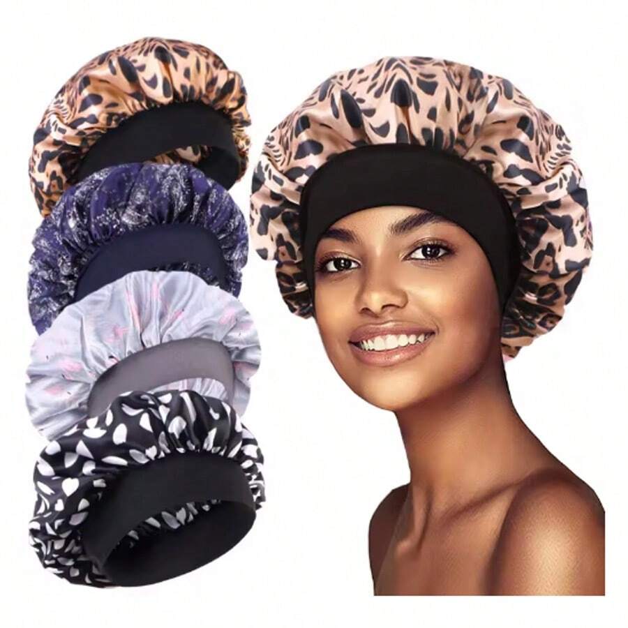 Floral Print Bonnets Women Night Sleeping Cap Wide Elastic Band Silky Headwrap Ladies Hair Cover Shower Bathing Make-Up Hat