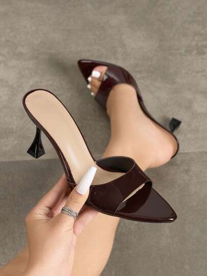 Jin Bei Qi Zapatos de tacón alto para mujer para fiesta, discoteca y eventos al aire libre - Puntera afilada, piel patentada brillante, material colorido, mules sexy, elegante color marrón café