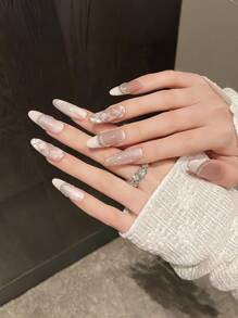 10pcs Rhombus French Pearl Pink Cat Eye Bow Handmade Nails Acrylic Press On Nails Spring Summer Nails Glitter Rhinestone Decoration Short Coffin/Extra Long Oval French Fake Nails Full Cover Nail Tips With Jelly Glue And Nail File, DIY Nail Art Supplies