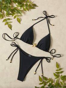 2 件套女士夏季度假泳装套装，露背领口海星金属装饰简约性感比基尼 - 黑色 - 查看 2