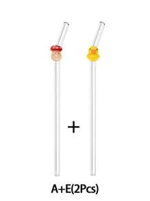 1支/2支/1套可爱动物造型可重复使用玻璃吸管，卡通蘑菇、兔子、花朵和鸭子图案，弯曲透明防碎玻璃吸管餐具套装，配有清洁刷，适用于水杯、厨房配件、吸管装饰、冷饮、奶茶、咖啡、果汁、冰沙，居家、餐厅、鸡尾酒会、返校季、送给女友/男友、父母、朋友的趣味礼物、节日用品。 - 款式1 - 查看 19