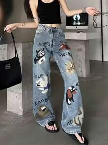 Y2K Street Washed Letter Cartoon Print Slant Pocket Wide Leg Jeans Preppy Comfort Denim Pants