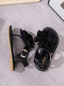 Toddler/Little Girls' 2025 Summer New Fashion Versatile Round Toe Thong Sandals With Large Flower, Flat, Anti-Slip For Beach & Home Wear