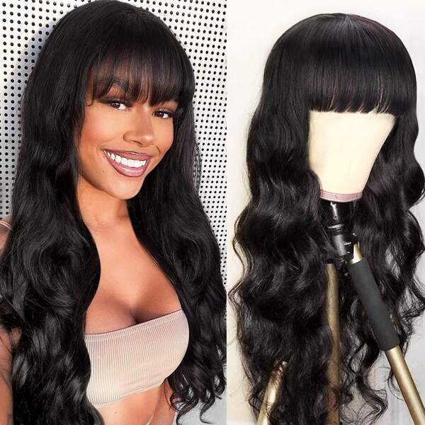 Perucas de cabelo humano com franja, perucas de cabelo humano para mulheres, sem renda frontal, densidade de 180%, cabelo virgem brasileiro, sem cola, feita à máquina, cor natural, 10-28 polegadas, cabelo humano, ondulado