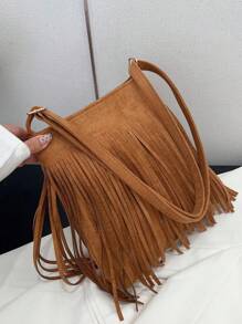 [轻质波西米亚斜挎包] 休闲流苏斜挎包，轻质波西米亚风格钱包，配有可调节肩带，纯色化纤材质，涤纶衬里，带扣闭合 - 适合任何场合的经典流苏单肩包 - 棕色 - 查看 5