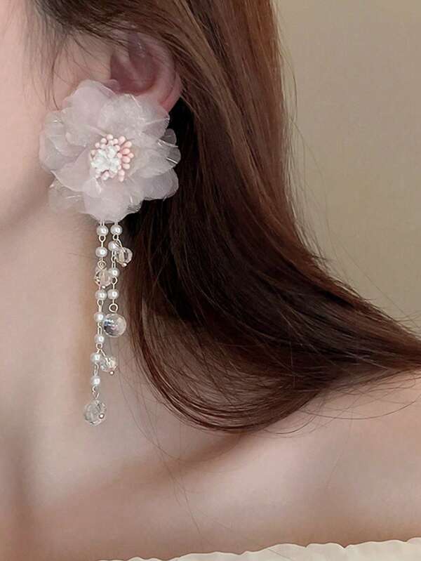 2pcs/Set Silver-Needle Pink Mesh Flower & Faux Pearl Tassel Earrings And Necklace Set, Sweet Design And Elegant Charm Valentines