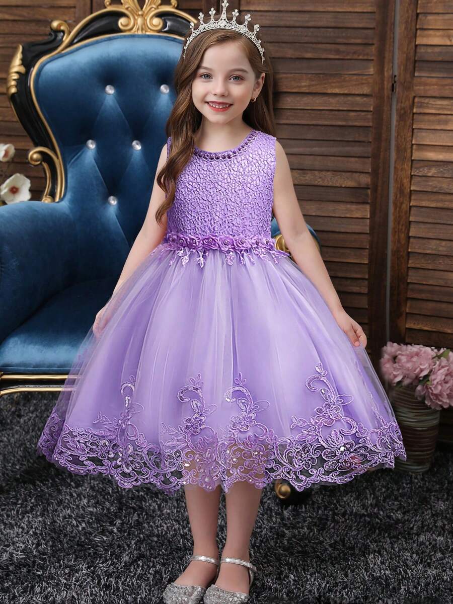 Tween Girl Sequin Multi-Layer Tulle Party Dress, High Low Hem Princess Dress For Wedding/Graduation Ceremony, 4 Seasons - Purple - View 1