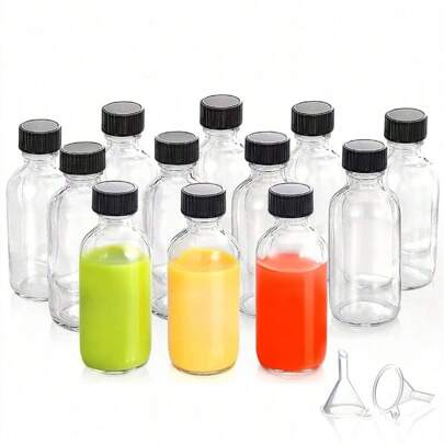 10 piezas de botellas de vidrio transparente de 2 onzas (60 ml) con tapas, envases recargables pequeños y vacíos para jugo, shots de jengibre, pociones, aceites esenciales y agua para uso al aire libre y deportivo