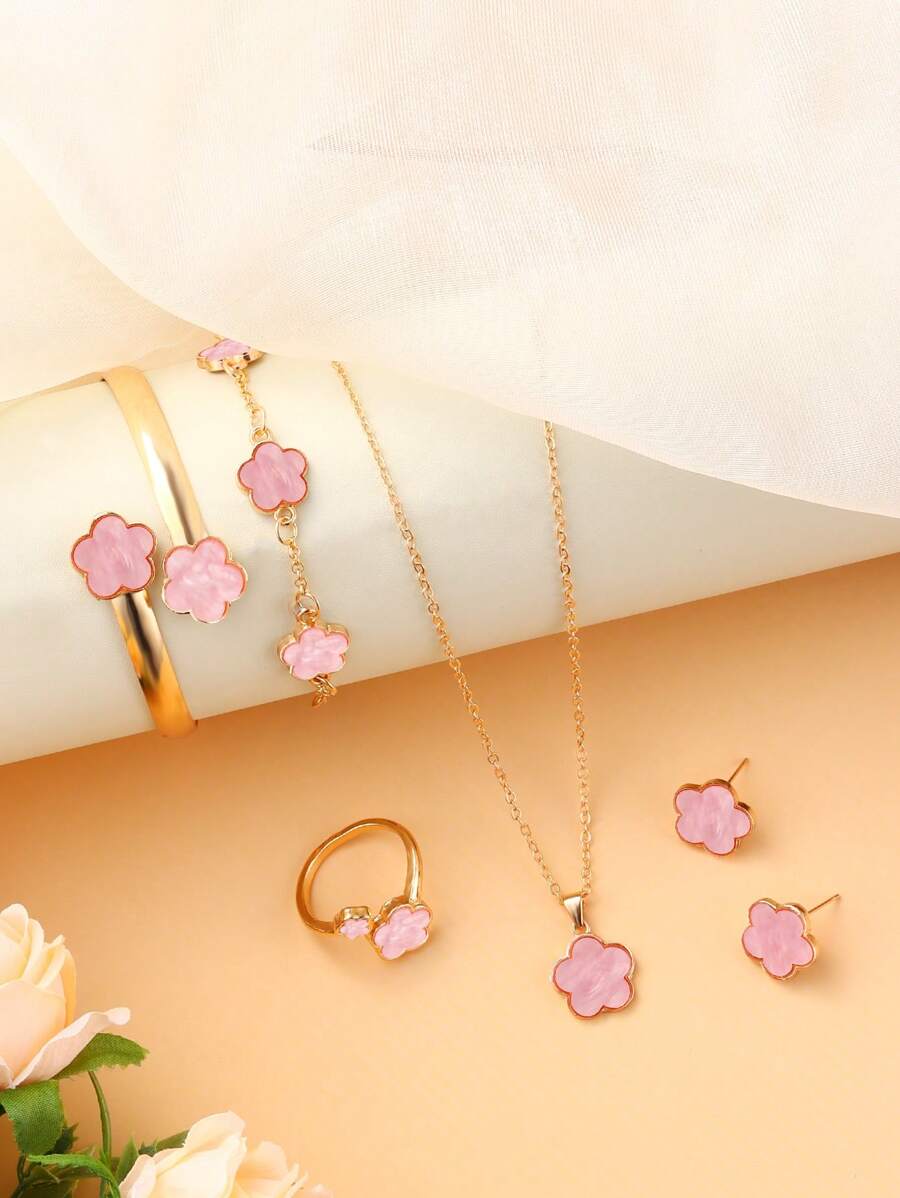 一套女孩首饰礼盒，包含1条经典四叶草吊坠项链、1条手链和1副耳环，是开学季的完美生日礼物 - 粉色 - 查看 1