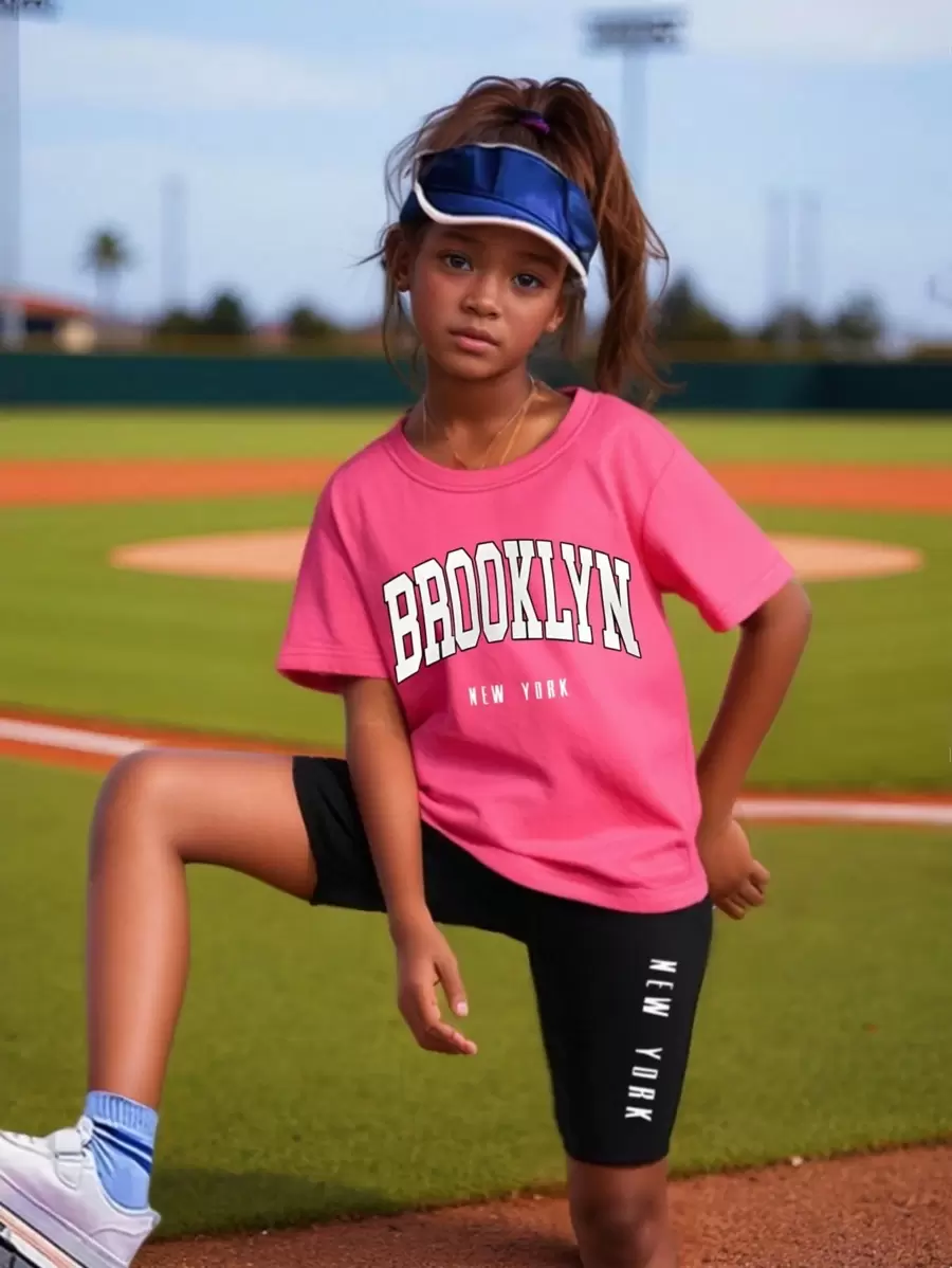 2 件套年轻女孩字母印花短袖T恤+短裤运动套装夏季运动服户外套装 - 玫紅色 - 查看 1