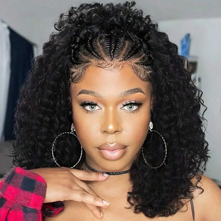 Pelucas con encaje frontal de pelo humano rizado tipo bob, listas para usar, para mujeres, con línea de cabello natural preplucada, trenzadas, ondas de agua, con densidad del 180%