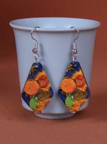 1 Pair Vintage Style Double-Sided Painting Wooden Geometric Earrings, Suitable For Everyday Wear And Vacation