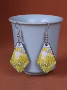 1 Pair Vintage Style Double-Sided Painting Wooden Geometric Earrings, Suitable For Everyday Wear And Vacation