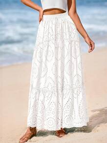 Women's Casual Lace Embroidery Eyelet Elastic High Waist Tiered A-Line Flowy Long Skirt Summer Boho Bohemian Beach Spring Holiday Vacation Going Out Valentine Long Maxi Skirt Outfits - trắng - Xem 3