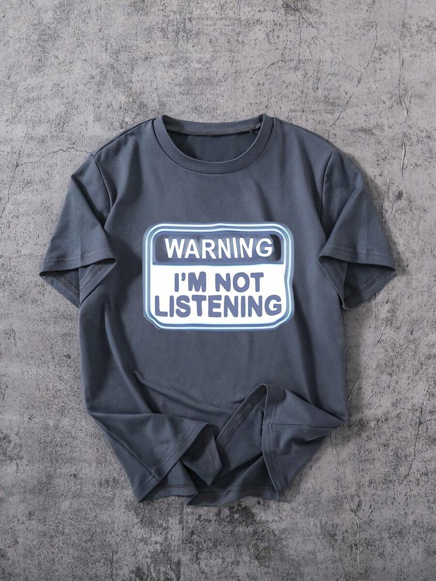 Camiseta casual de manga corta y cuello redondo de moda de verano para niño preadolescente, con estampado de patrón de lema divertido en la parte superior - Gris Oscuro - Ver 1