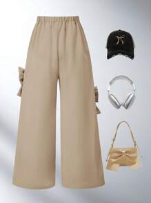 Fashionable & Sweet Casual Minimalist Bow Decor Pink Wide Leg Pants, Suitable For Outdoor, Party, Campus And Daily Wear In Spring And Autumn - Khaki - View 3
