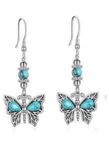 1 Pair Bohemian Turquoise Inlaid Butterfly Dangle Earrings - Elegant Alloy Jewelry For Females Summer Beach Jewelry