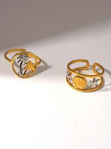 Frminee 1pc/2pcs Summer Retro Shell Starfish Coconut Tree 18k Gold Stainless Steel Ring, Suitable For Daily Vacation Party Wear, Spring And Summer Beach Wear, Waterproof - Multicolor - View 2