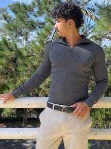 Cacharrel Zip Polo Neck Long Sleeve ITALIAN Classic - Dark Grey - View 11