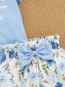 女婴橙色条纹字母印花短袖连体衣和花朵印花蝴蝶结裙，全新可爱春季系列 - 藍色 - 查看 4