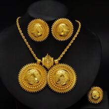 3pcs Set /Arabic Golden Color Round Geometric Jewelry Set, Pendant Earrings Ring, Traditional African Bride Wedding Accessories Gift - A - View 7