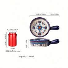 Boluri din ceramică desenate manual, bol colorat pentru copt, cu mâner, grătar pentru salată, tigaie rotundă de copt cu orez copt cu brânză, set de vase de copt, caserolă pentru gătit, prăjitură, bucătărie, tehnologie de pictură realizată manual Oxalis târâtor, bol pentru copt - Multicolor - Vizualizare 4