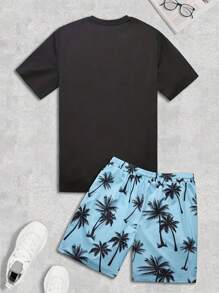 2pcs Men's Casual Summer Fashion Set - Comfortable Polyester Mesh T-Shirt And Palm Tree Print Drawstring Shorts